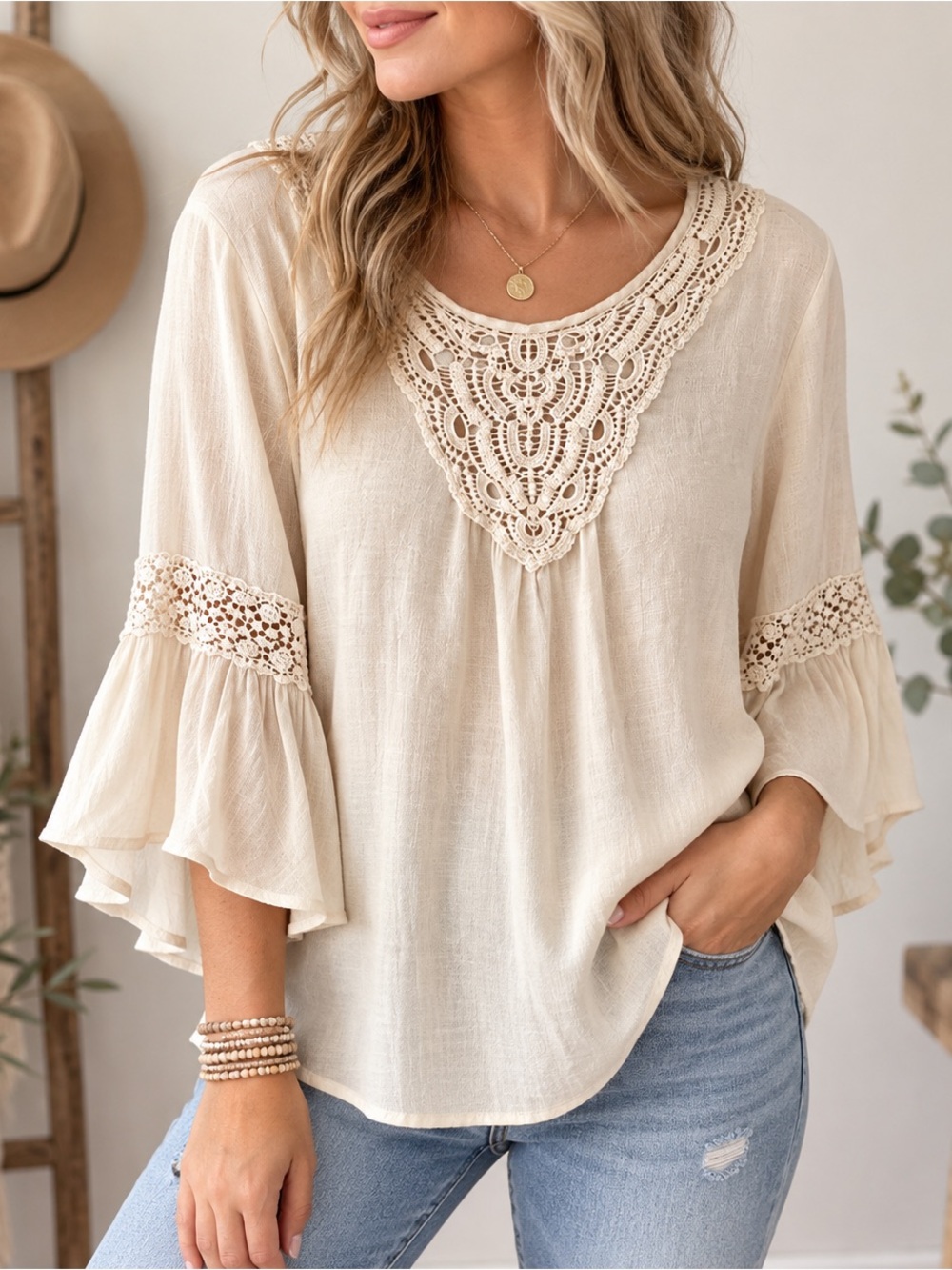 Westport Boho Crochet Lace Blouse with Bell Sleeve Size XL